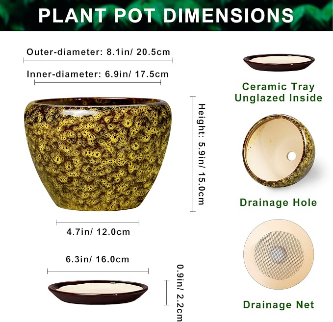 8 Inch Ceramic Flower Pot, Yellow Leopard | Drainage Hole and Saucer, Indoor Outdoor Use, Round Plant Pot, Decorative Planter