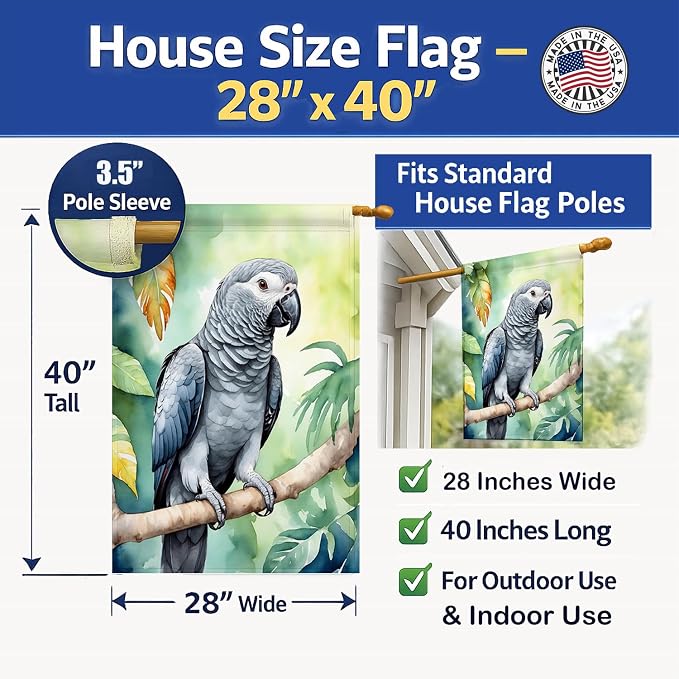 Caroline's Treasures African Grey Parrot House Flag Large Porch Sleeve Pole Decorative Outside Yard Banner Artwork Wall Hanging, Polyester, House Size, Multicolor