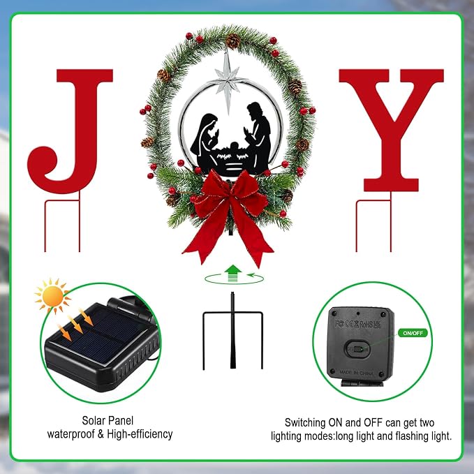 3Pack Solar Lights Christmas Joy Sign,Metal Nativity Scene Outdoor,Silhouette Nativity Set Decoration Outside for Yard Stake