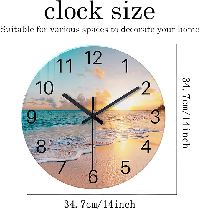 Glass Coastal Wall Clocks Battery Operated 14 Inch | Analog Round Wall Clock for Living Room Office Decor Blue Beach Wall Clock Silent Non Ticking