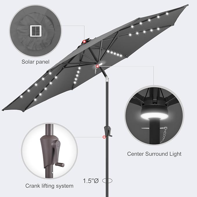 10FT Solar Umbrella Outdoor - Lighted Solar Patio Umbrella with 40 LED Lights Waterproof UV Protection, Table Umbrella with Tilt for Pool, Porch, Garden, Deck, Backyard (Anthracite)