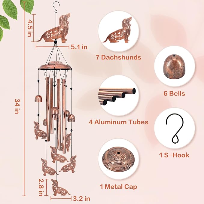 Dachshund Dog Wind Chimes for Outside,Dog Gifts for Women Men/Memorial Gift/Birthday Gifts Metal windchimes Outdoors/Indoors,Garden Decor,Patio,Home,Porch,Yard Decorations