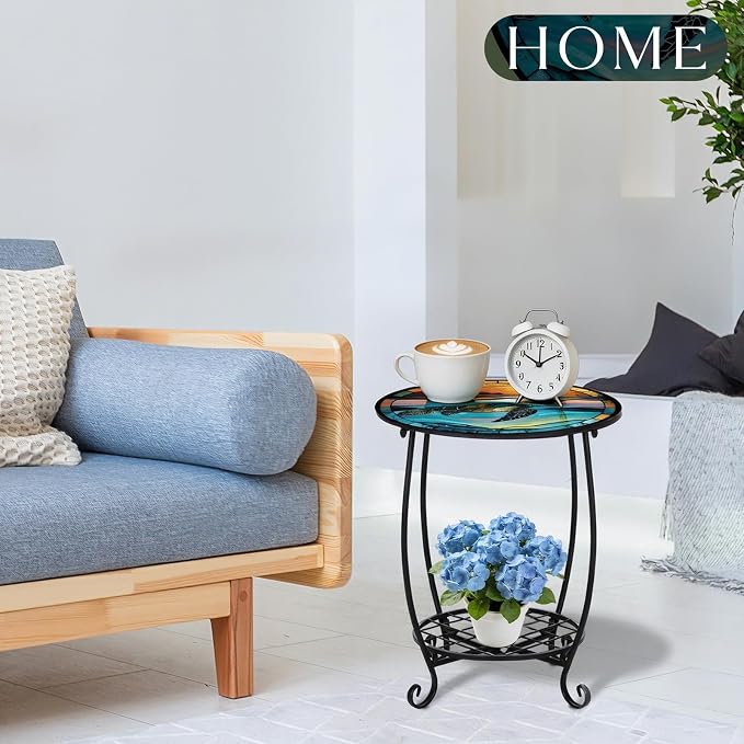 Cinnvoice Outdoor Side Table Round Small Mosaic Patio Accent Indoor End Plant Coffee Tea Table for Yard Patio Porch Garden Living Room, Bedroom(Turtle Style,18 Inch)