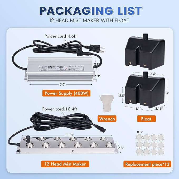 Ultrasonic Mist Maker 12 Heads, 9000mL/H Pond Fogger with 400W Power Supply Buoy Replacement Discs for Pond, Garden, Rockery, Greenhouse,Mushroom Halloween Decoration (12 Heads)