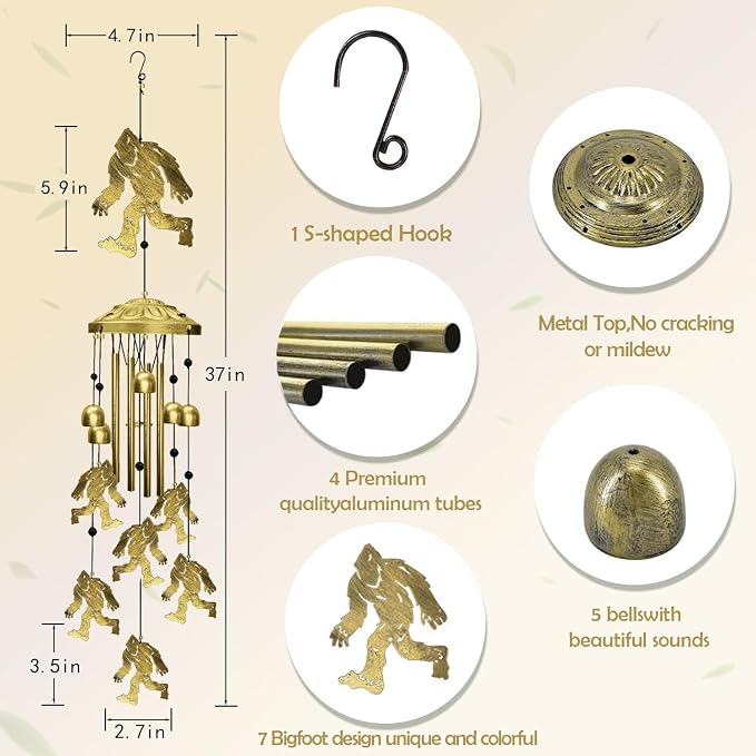Bigfoot Wind Chimes Outdoor, Big Foot Sasquatch Gifts, Metal Wind Chimes for Outside Memorial Windchimes for Men/Women/Dad/Grandpa Birthday Gift for Outdoor/Indoors Porch, Yard, Garden Decorations