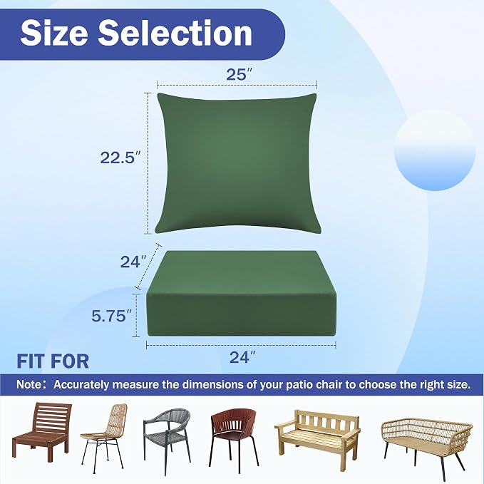 Outdoor Chair Cushions, 24 x 24 Inch Outdoor Cushion for Patio Furniture, Patio Chair Cushion, Waterproof & Fade Resistant Deep Patio Furniture Cushion Set with Handle and Ties, ForestGreen (Set of 4)