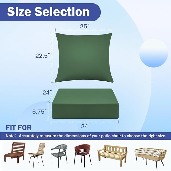 Outdoor Chair Cushions, 24 x 24 Inch Outdoor Cushion for Patio Furniture, Patio Chair Cushion, Waterproof & Fade Resistant Deep Patio Furniture Cushion Set with Handle and Ties, ForestGreen (Set of 6)