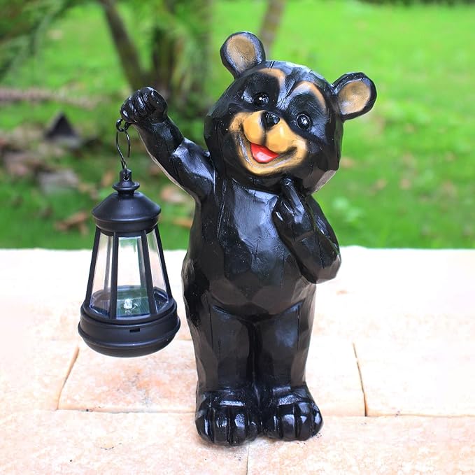 Garden Statues Bear Solar Figurine Lanterns Outdoor Waterproof Lights, Yard Decorations, Garden Decor Unique Birthday Housewarming Gifts for Mom, Resin Material, Hand-Painted