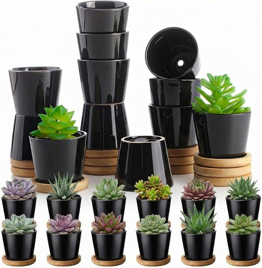 Hsei 24 Pack 2.5 Inch Mini Succulent Plant Pots Small Ceramic Flower Pot with Bamboo Tray Garden Cactus Herb Container Home Office Decoration for Birthday Graduation Wedding Favor Gifts (Black)