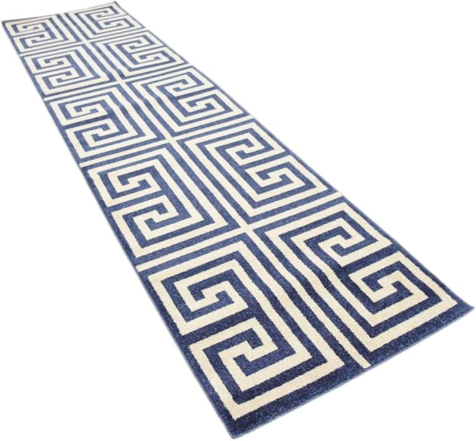 Unique Loom Athens Collection Classic Geometric Modern Border Design Area Rug (2' 7 x 10' 0 Runner, Navy Blue/ Beige)