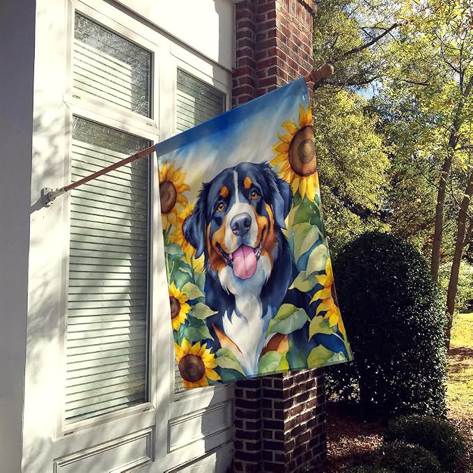 Caroline's Treasures DAC6026CHF Bernese Mountain Dog in Sunflowers House Flag Large Porch Sleeve Pole Decorative Outside Yard Banner Artwork Wall Hanging, Polyester, House Size, Multicolor
