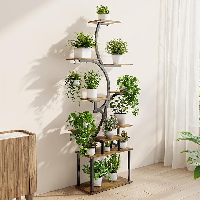 Plant Stand Indoor with Grow Lights - 9-Tier Curved Plant Stand, Tall Metal and Wood Indoor Plant Shelf with Unique Arched Design, Multi-Tier Flower Pot Holder Rack with Waterproof Finish, 63" Tall for Living Room, Balcony, and Garden