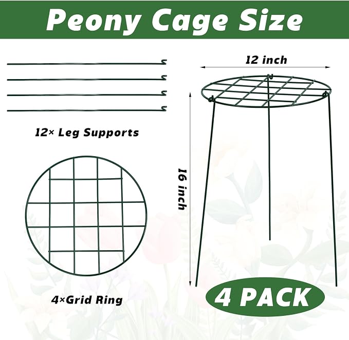 4 Pack Round Peony Cages and Supports 12 x 16 Inches (D x H) Grow Through Grid Plant Brace Plant Support Stake Heavy Duty Metal Flower Support Rings for Rose Tomato Hydrangea Strawberry
