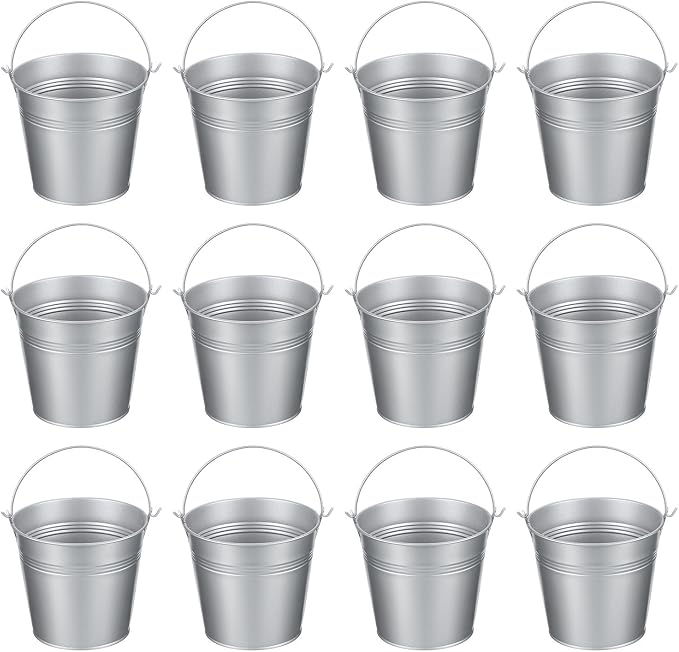 PATIKIL 5.1"x4.7" Small Metal Buckets with Handle, 12 Pcs Mini Galvanized Bucket Colorful Easter Buckets for Crafts Party Favors Decoration, Silver