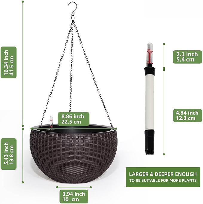 Dexceder 9 Inch Self Watering Hanging Planter (Brown) | Thickened Hanging Basket Flower Plant Pot with Water Level Indicator Indoor Outdoor