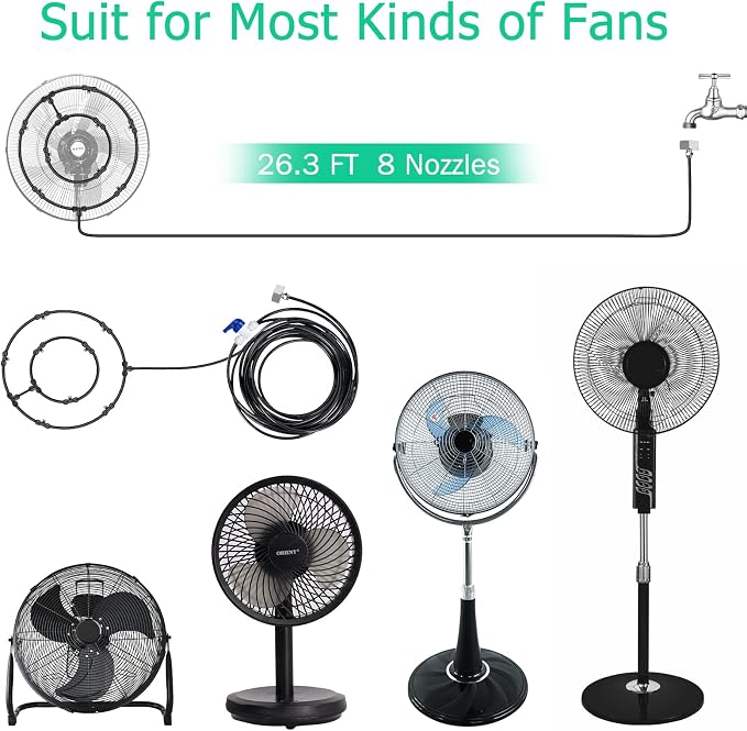 Mussozy Fan Misting Kit for Outdoor Cooling 26.3 FT Misting Hose 8 Brass Misting Nozzles Outdoor Fan Misting Cooling System Water Misting Fan for Outdoor Patio Garden Backyard Greenhouse Breeze