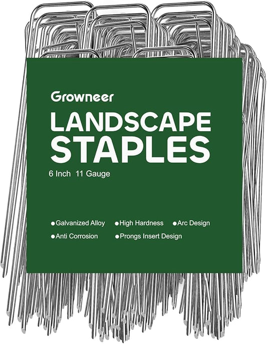 GROWNEER 20 Pack Landscape Staples 6 Inch 11 Gauge Heavy Duty Hot-Dip Galvanized Steel Garden Stakes U-Shaped Weed Barrier Spikes Metal Ground Pins for Lawn and Yard Landscaping