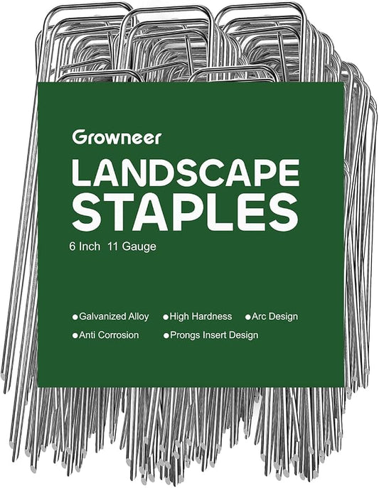 GROWNEER 500 Pack Landscape Staples 6 Inch 11 Gauge Heavy Duty Hot-Dip Galvanized Steel Garden Stakes U-Shaped Weed Barrier Spikes Metal Ground Pins for Lawn and Yard Landscaping