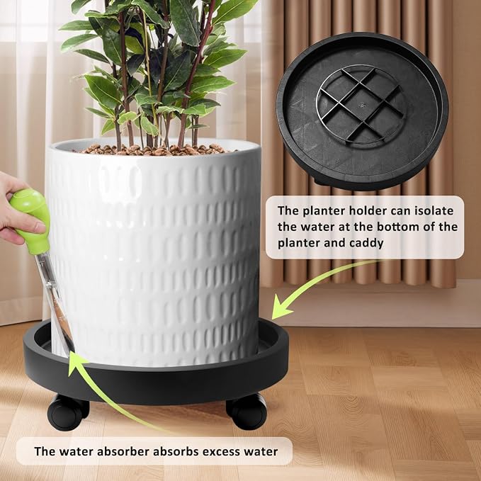 2Pack 13.98'' Plant Caddy with Wheels, Plant Stand Dolly for Heavy Planter,Wheeled Planter Saucer Tray,Rolling plant stand,Heavy-Duty Plant Caddy with Casters for Indoor and Outdoor(Black)