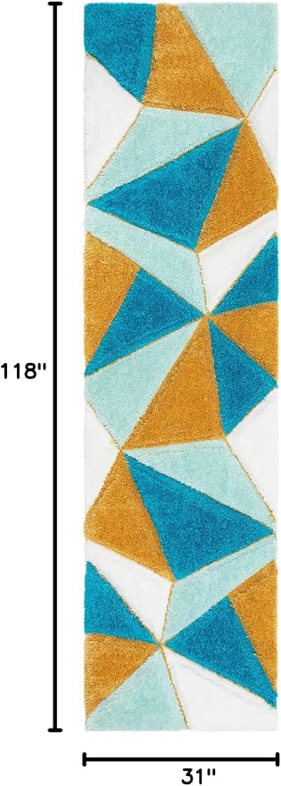 Well Woven Walker Blue Triangle Boxes Thick Soft Plush 3D Textured Shag (2'7" x 9'10") Runner