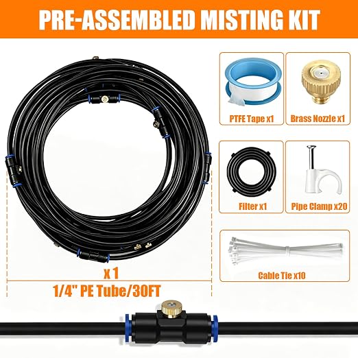 Misters for Outside Patio 30FT/9M, Pre-Assembled Misting Cooling System with 8 Brass Nozzles & 3/4" Adapter, Outdoor Mister for Backyard, Garden, Trampoline Sprinkler, BBQ Party Accessories