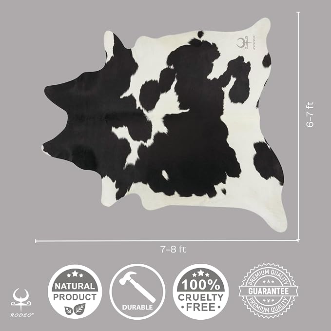 rodeo Genuine Cowhide Rug - Real Cow Hide Rug Large for Living Room & Bedroom - Western Rugs for a Natural Western Home Decor Ambiance - Rustic Cow Print Carpet Decor - 6x8 ft, Black and White