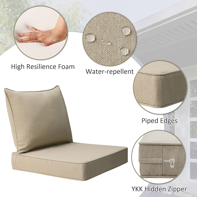 Unimatta Outdoor Patio Chair Cushions Set, 24" x 24", Set of 2, Water-Repellent, Fade Resistant, Deep Seat Bottom and Back Cushion for Backyard, Couch, Sofa and Patio Furniture, Tan
