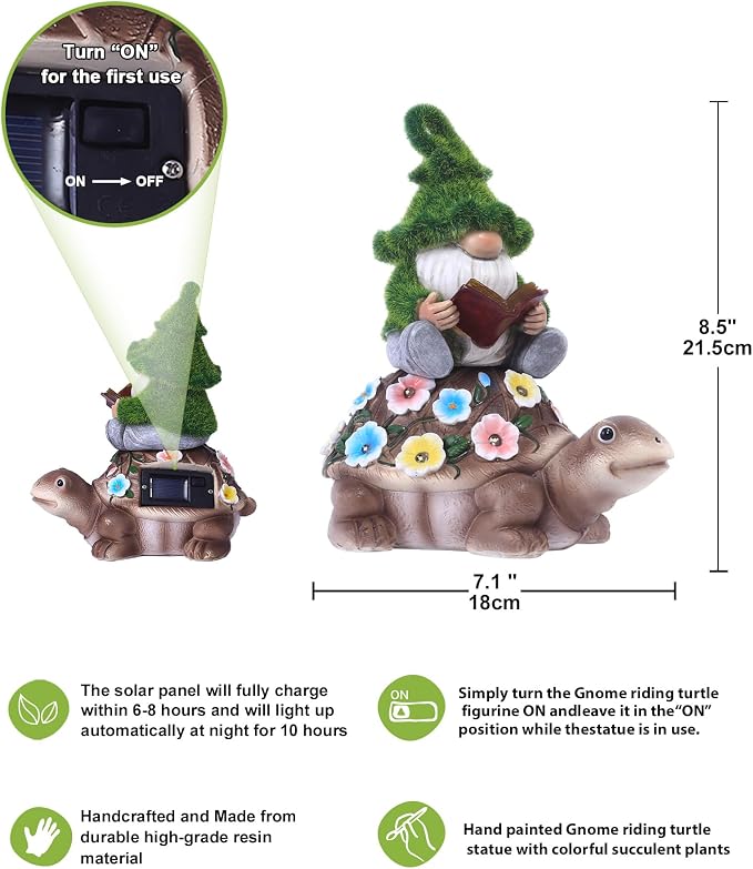 Nacome Solar Gnome Riding Turtle Statue for Garden Decor | Outdoor Statues for Patio, Yard, Balcony Ornament, Turtle Gifts for Women/Mom/Grandma, Mom's Best Gift