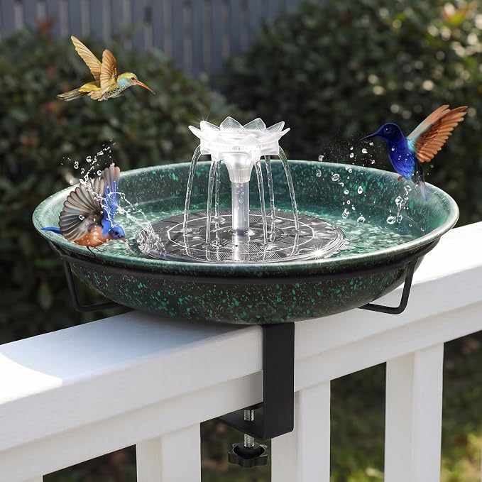 Yiabivo Deck Mounted Bird Bath with Fountain,Solar Railing Bird Bath Fountains for Hummingbirds,Adjustable Metal Durable Deck Bird Bath Holder for Railings, Garden,Patio Deck