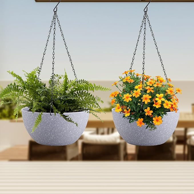 Meowell 8 inch Small Hanging Planters for Indoor Outdoor Plants, 2 Pack Hanging Flower Pots with Drainage Holes and Chain for Garden Porch, Plastic Hanging Baskets for House Plants, Speckled Grey