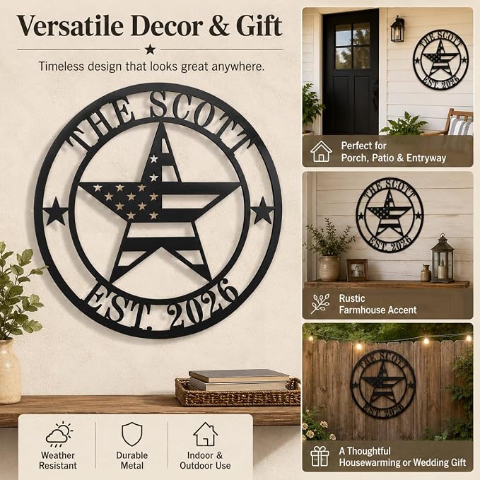 Personalized Texas Star Metal Sign Custom Family Name Established Year Wall Art for Porch Patio Entryway Rustic Outdoor Home Decor Wedding Fathers Day Housewarming Gift