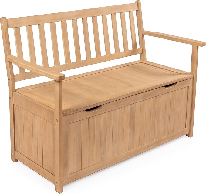 happimess STB1000A Sophie 48" Traditional Farmhouse Lift-Top Acacia Wood Storage & Entry Bench, Light Teak Matte Finish, with Seating & Armrest for Patio, Garden, Porch, Backyard, Poolside