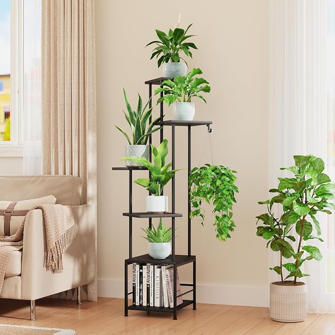 Homsorout Plant Stand Indoor with Grow Light - 6-Tier Metal Plant Shelf with Hanging Basket Hook, Corner Tall Flower Holder for Multiple Plants, Living Room Balcony Garden Patio, Black