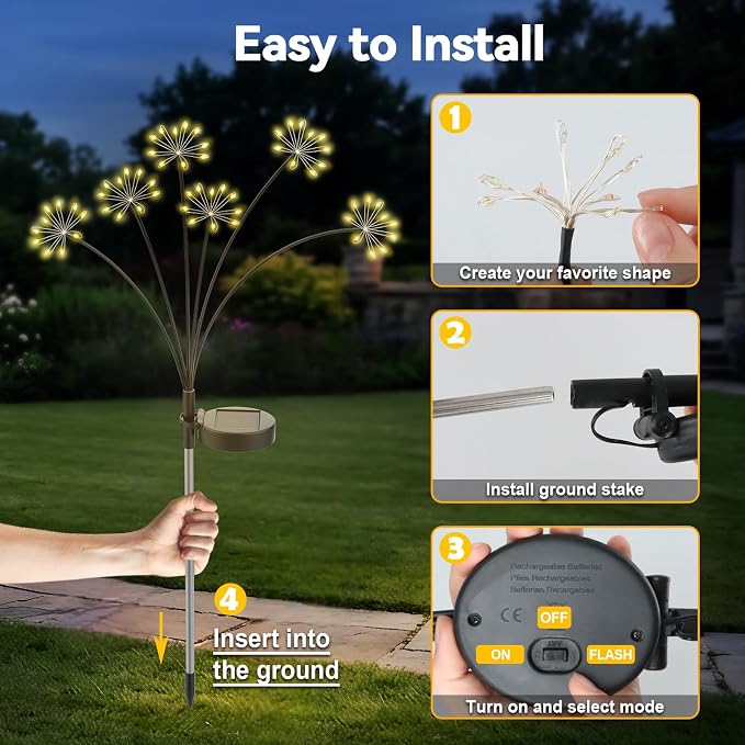 Solar Garden Lights Outdoor, Upgraded Solar Swaying Starburst Light Waterproof with 2 Modes, Solar Fairy Firework Lights for Yard Patio Pathway Flowerbed Balcony Garden Decoration (Warm White, 2 Pack)