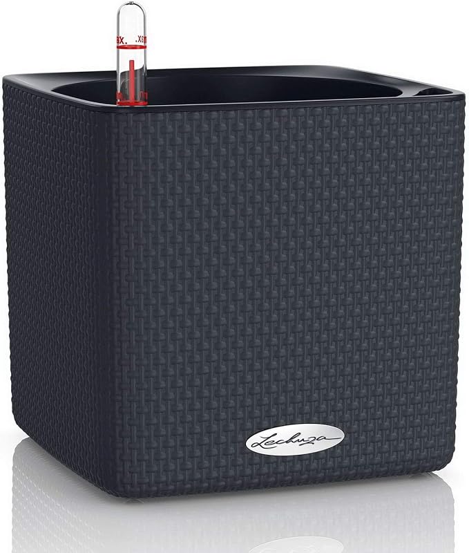 Lechuza Cube Color 16 Slate, Self-Watering Indoor Small Plant Pot, H6.3 L6.7 W6.7 in