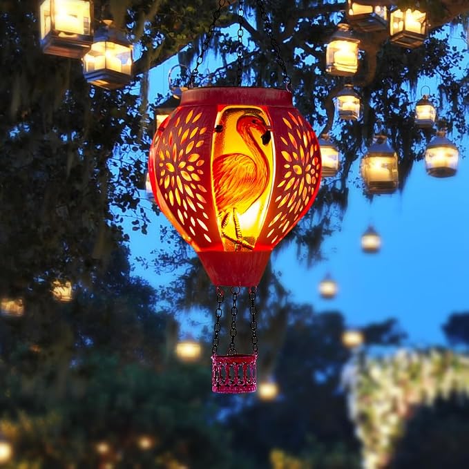Starsoul Pink Hot Air Balloon Solar Lantern Flamingo Metal & Glass Solar Hot Air Balloon Hanging Garden Light Waterproof Outdoor Lantern for Patio Yard Party Decor