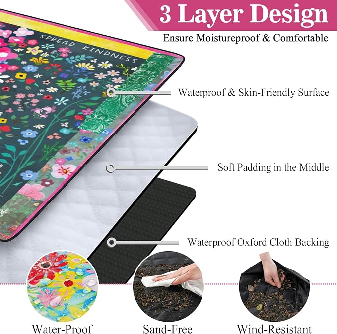 Picnic Blankets Waterproof Foldable Extra Large,80"x 80" Outdoor Beach Blanket Sandproof,3-Layer Lightweight Handy Mat Tote Picnic Camping Rugs for Outside Your Rv (Boho Vintage Floral Muticolor)