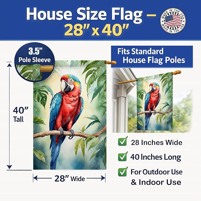Caroline's Treasures Macaw Parrot House Flag Large Porch Sleeve Pole Decorative Outside Yard Banner Artwork Wall Hanging, Polyester, House Size, Multicolor