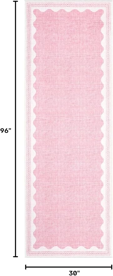 2.5x8 Scalloped Runners Pink Washable Hallways Bedroom Rug | Solid Non Slip Scalloped Bath Runner, Rugs for Bedroom Girls, Rugs for Kitchen Floor Soft Dorm Nursery Carpet for Bedside