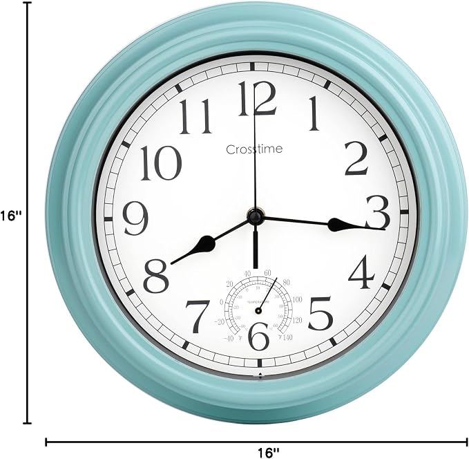 Crosstime 16 Inch Large Outdoor Clock Waterproof with Thermometer - Vintage Indoor Outdoor Wall Clocks for Patio,Pool,Garden,Home Decor - Teal