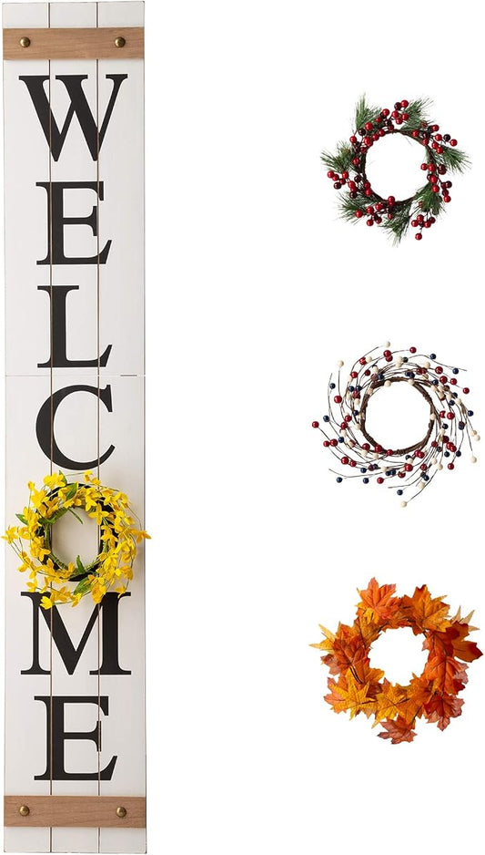 Glitzhome 60”H Welcome Sign with 4 Interchangeable Floral Wreaths for Front Door Porch Farmhouse Wooden Hanging Wall Sign for Seasons Spring Fall Harvest Thanksgiving Christmas