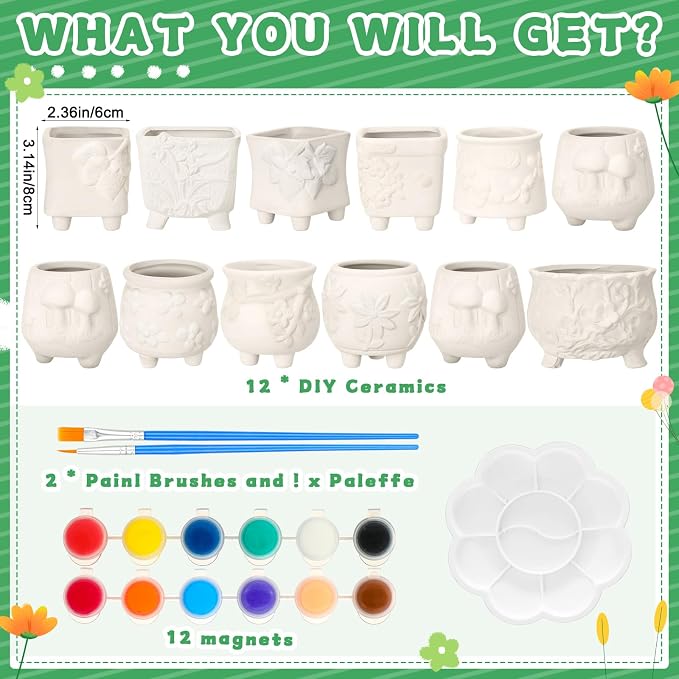 Hushee 12 Sets Ceramic Succulent Planters Paintable Succulent Plant Pots Small DIY Figurines Unpainted Pots with Drainage Hole Color Paints Paintbrushes Palettes