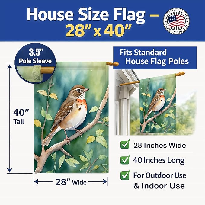 Caroline's Treasures Vermont Hermit Thrush House Flag Large Porch Sleeve Pole Decorative Outside Yard Banner Artwork Wall Hanging, Polyester, House Size, Multicolor