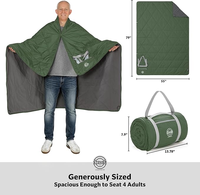 STOVER Large Waterproof Outdoor Stadium Blanket- Extra Thick Soft Fleece Camping Blanket for Travel, Picnics, Sports, Dogs 79"x55", Warm, Windproof, Sand-Proof, Lightweight, Packable (Game Day Green)