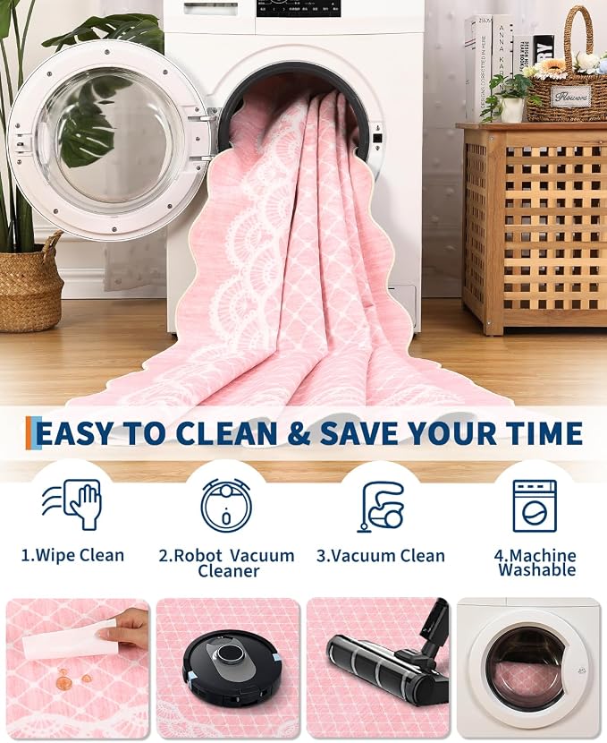 Garvee Washable Scalloped 9x12 Area Rug for Living Room, Lace Pink Rug | Washable Rugs 9x12, Soft Low Pile Non Slip Scalloped Rugs for Under Table Nursery College Bedroom Playroom