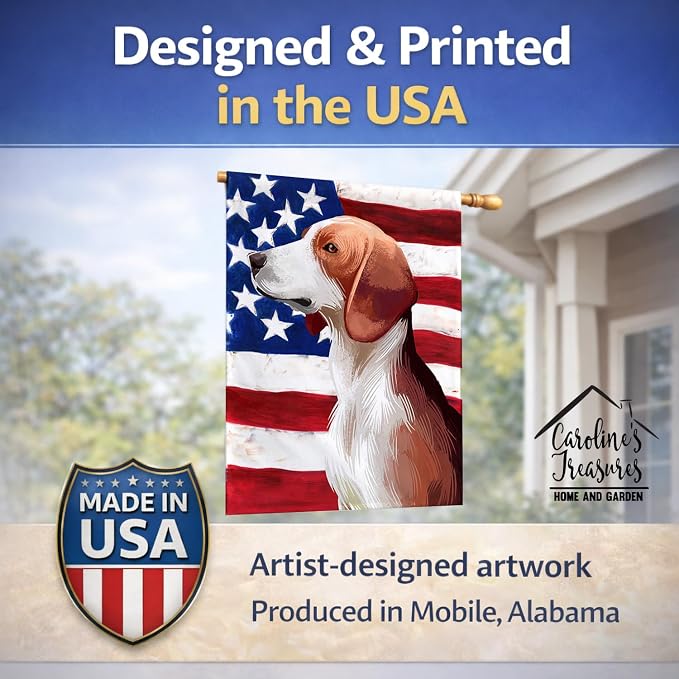 Caroline's Treasures CK6503CHF Deutsche Bracke Dog American Flag House Flag Large Porch Sleeve Pole Decorative Outside Yard Banner Artwork Wall Hanging, Polyester, House Size, Multicolor