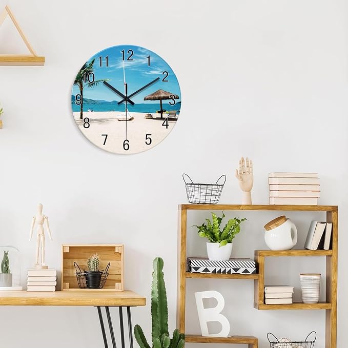 XFM Beach Wall Clock Battery Operated 14 Inch Blue Tropical Hawaii Coastal Wall Clocks for Living Room Bedroom Home Office Decor Silent Non-Ticking
