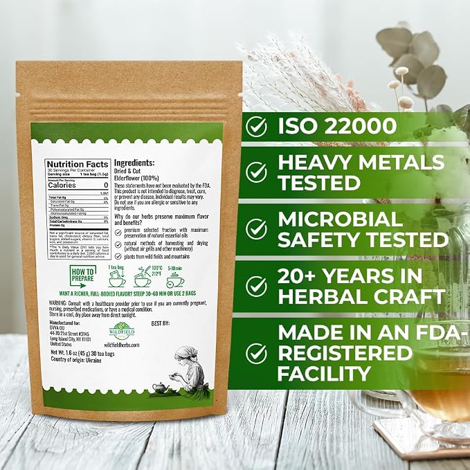 30 Bags Elderflower Herbal Tea (Sambucus Nigra) - 30 Count 1.5g Bags Dried Elder Flowers Herb Tea