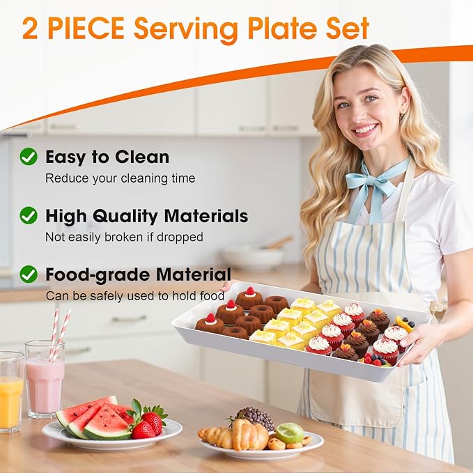6-Pack Serving Tray, Serving Platter for Parties, Entertaining, Camping & Food Display, Reusable & Stackable Plastic Trays in Kitchen, Rectangular Food Platters for Cookie, Appetizer(White)