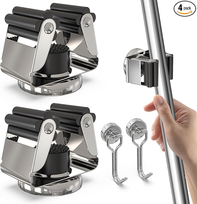 3-H Magnetic Broom Holder 4pcs, Stainless Steel No Drill Mop Holder Wall Mount with 2 Mini Magnetic Hooks, Movable Magnet Tool Organizer for Garage Laundry Kitchen Garden RV, Silver